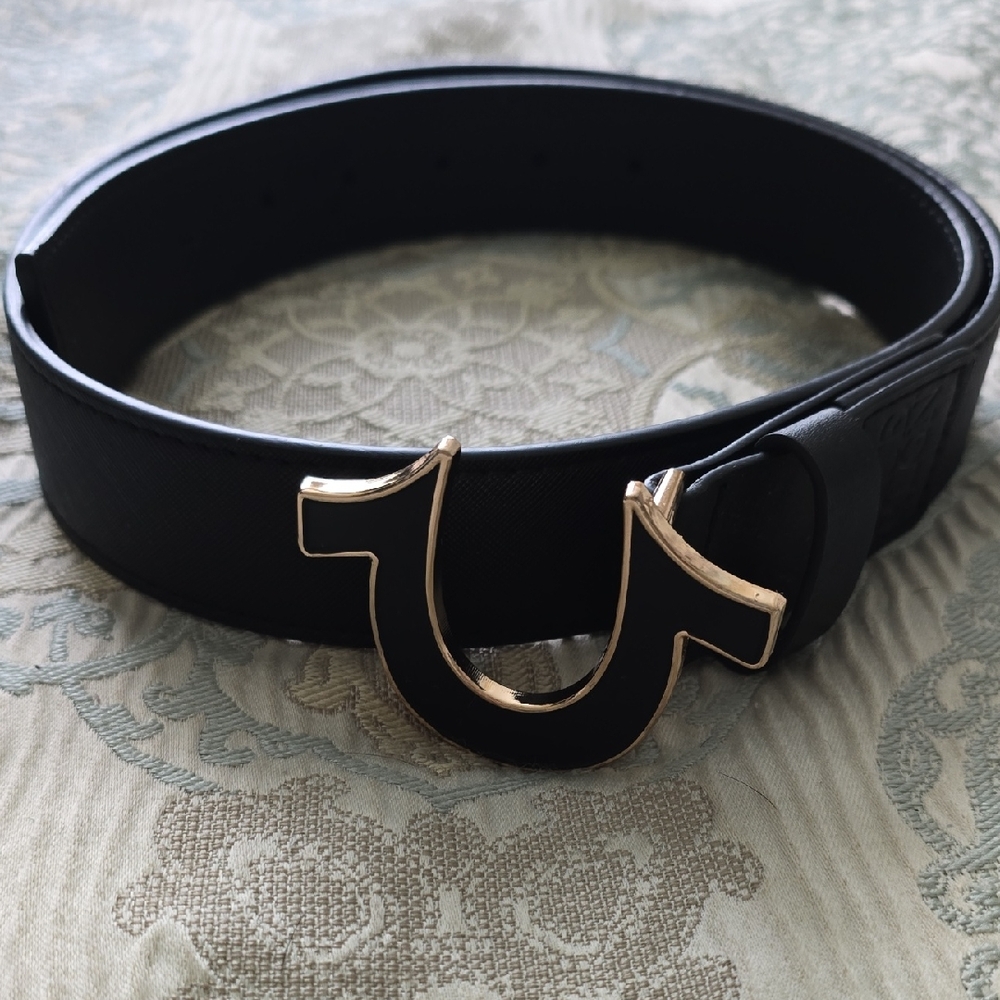 True Religion Black Leather Belt with Gold Buckle